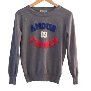 LAETITIA MEM Grey "Amour is French" Embroidered Crewneck Sweater, Sz M